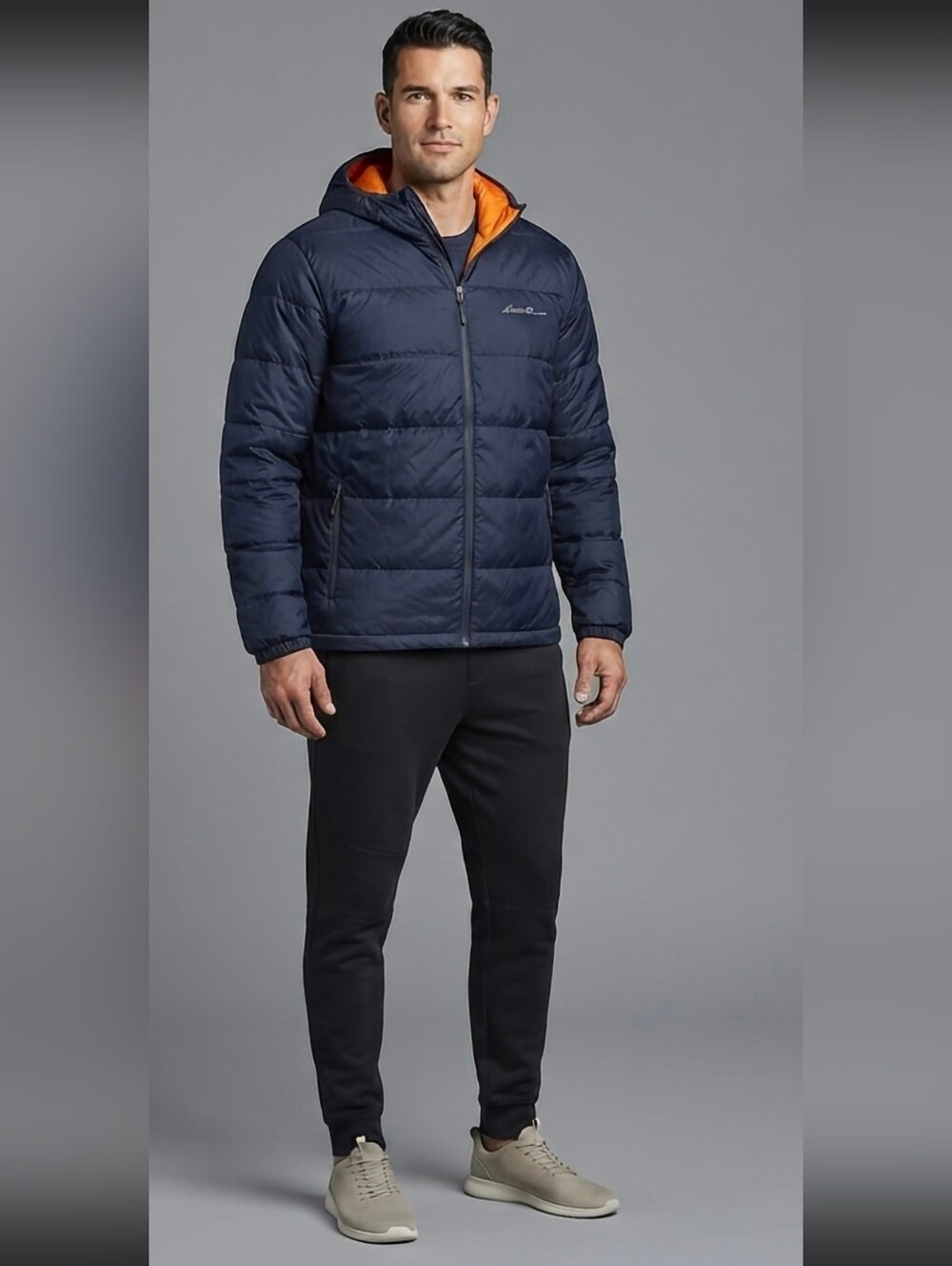 Eddie Bauer Men’s Hooded Down EB 650 Puffer Jacket Navy/Orange Size XXL